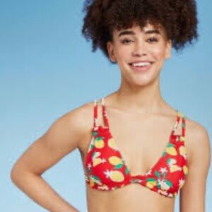 Set-Red With Lemon Print Bikini Set. Cheeky Bikini Bottom & Double Strap Halter-
